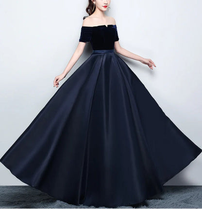 Beautiful Satin and Velvet Long Party Dress Simple Off Shoulder Prom Dress Elegant Evening Dress
