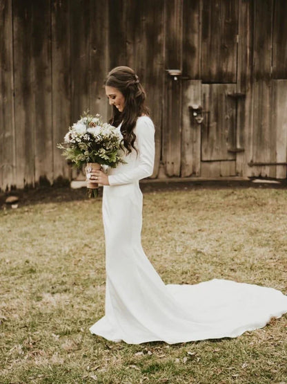 Simple Longsleeves Backless Satin Wedding Dresses Mermaid Bridal Gowns Elegant