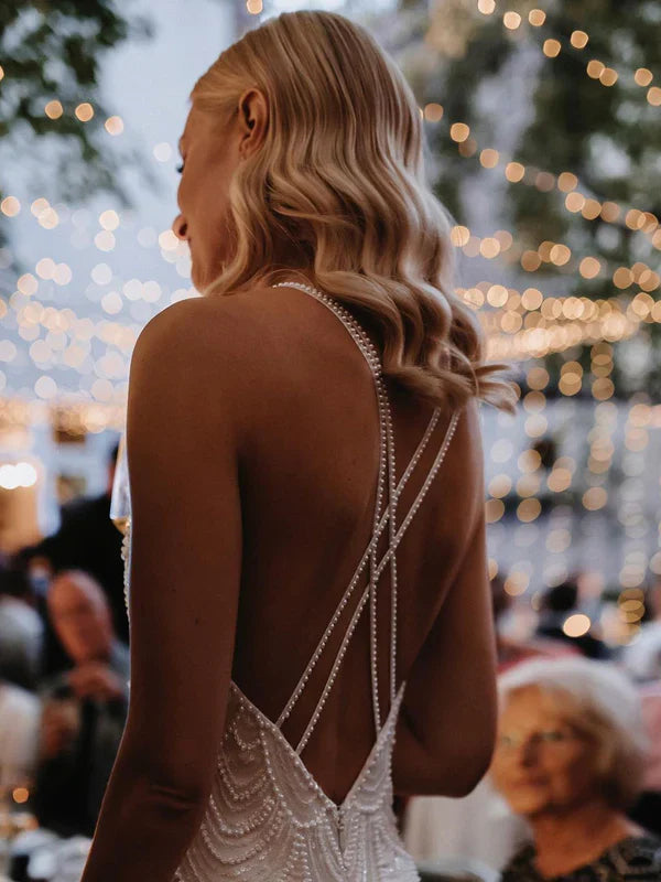 Sexy Sequin Wavy beaded lace Backless Halter Neckline Floor-length Train Wedding Dresses Elegant