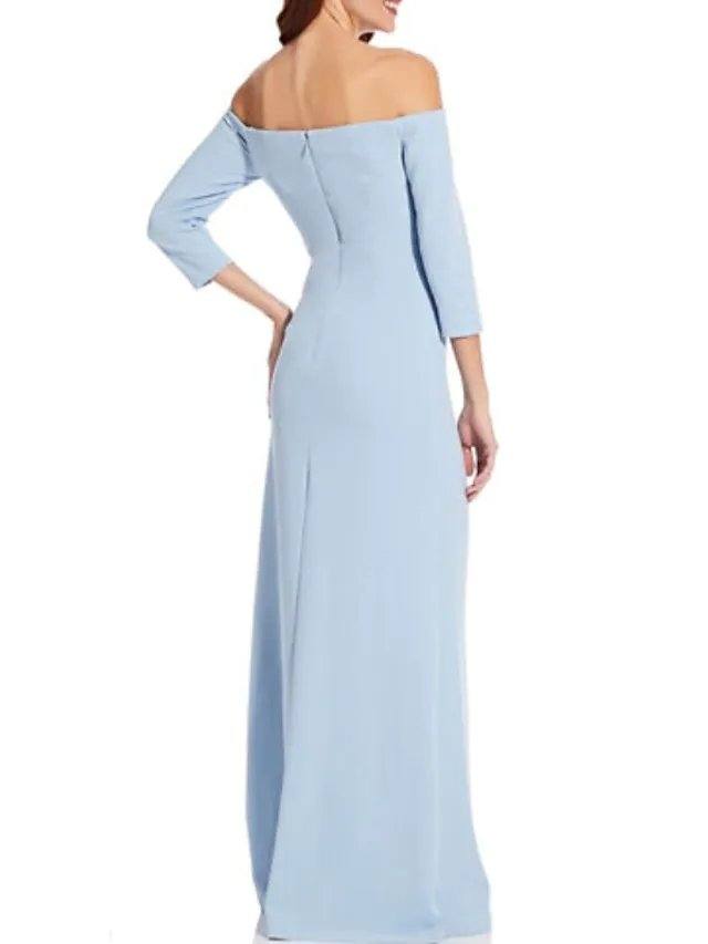 Sheath / Column Mother of the Bride Dress Elegant Off Shoulder Floor Length Satin 3/4 Length Sleeve with Split Front Ruching - RongMoon