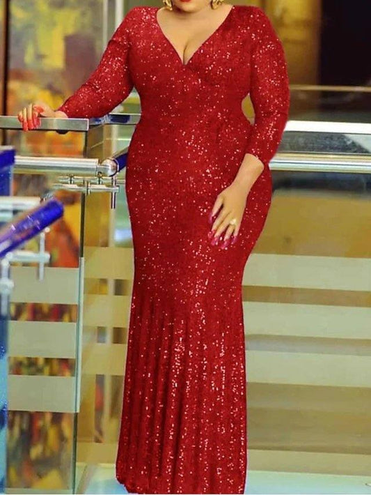 Sheath / Column Glittering Plus Size Wedding Guest Prom Dress V Neck Long Sleeve Floor Length Sequined with Sequin - RongMoon