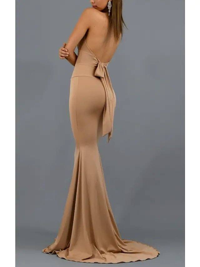 Mermaid / Trumpet Beautiful Back Sexy Engagement Formal Evening Dress Halter Neck Sleeveless Sweep / Brush Train Spandex with Sleek Bow(s) - RongMoon