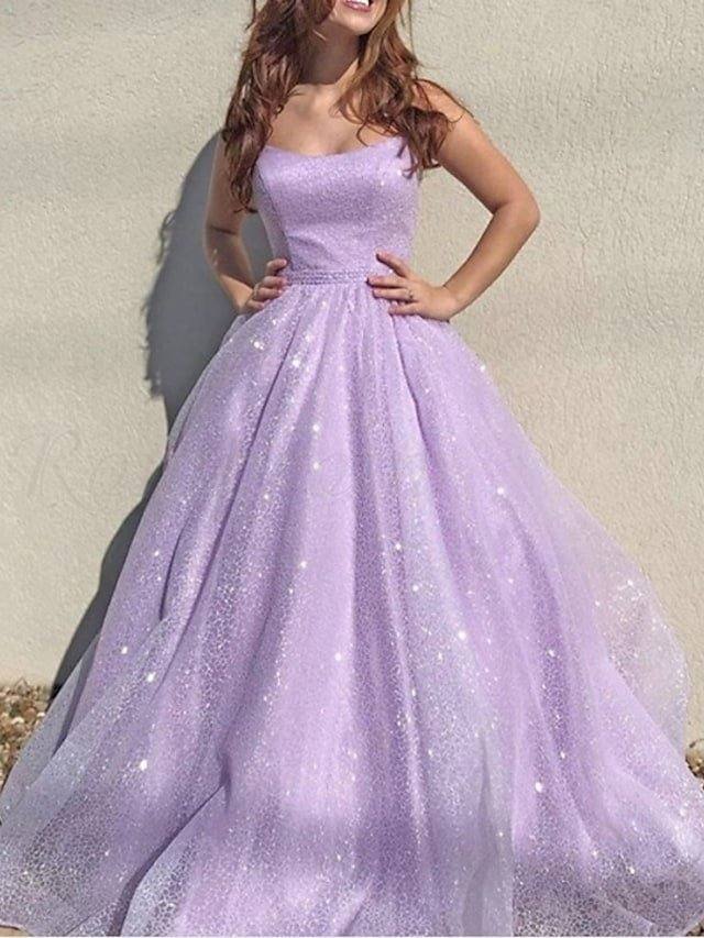 A-Line Sparkle Elegant Engagement Prom Dress Spaghetti Strap Sleeveless Floor Length Tulle Sequined with Pleats Sequin - RongMoon