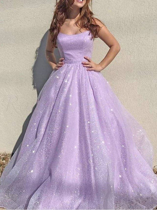 A-Line Sparkle Elegant Engagement Prom Dress Spaghetti Strap Sleeveless Floor Length Tulle Sequined with Pleats Sequin - RongMoon