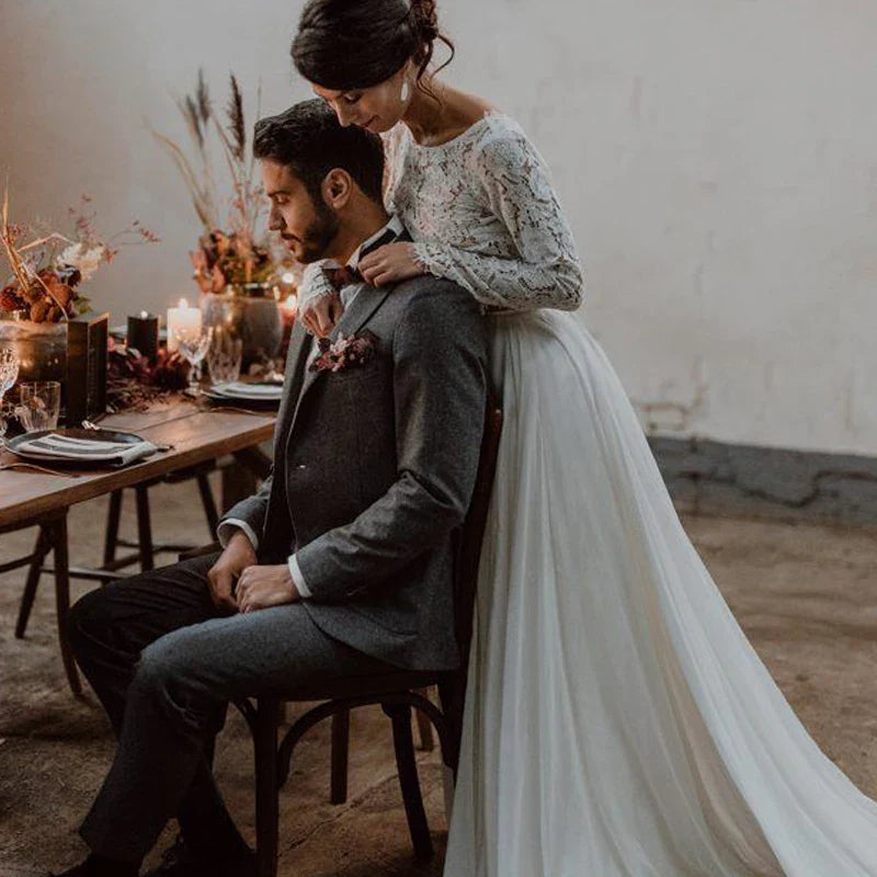 LORIE Two Pieces Wedding Dress Lace Top Chiffon Boho Bride Dress A-Line Customized Beach Wedding Dresses