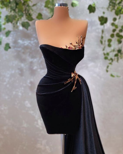 Black Chic Short Prom Dress Unique neckline floral decoration party dress c2581