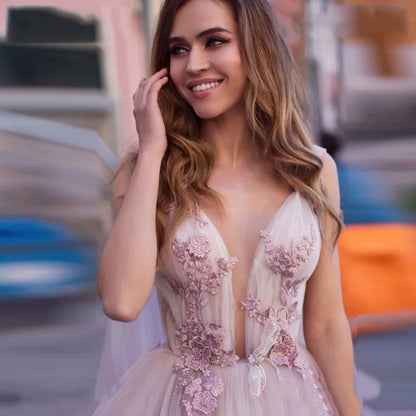 Boho Wedding Dress 3D Flowers Beach Bride Backless Tulle Gown