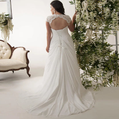 Jiayigong Plus Size Wedding Dresses Customized Cap Sleeve V-neck Chiffon Beach Dress