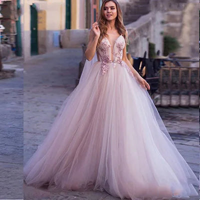 Boho Wedding Dress 3D Flowers Beach Bride Backless Tulle Gown