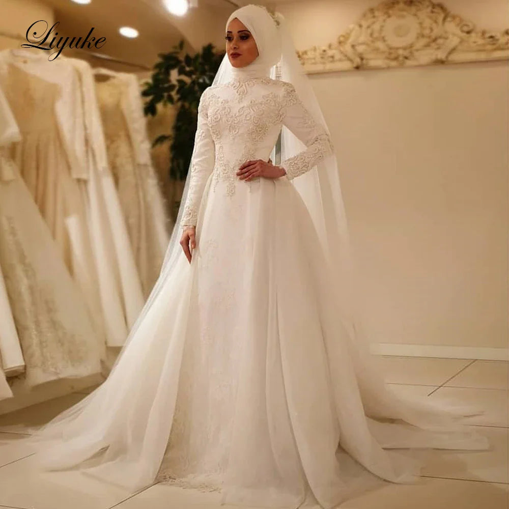 Liyuke Elegant Princess Ball Gown Wedding Dresses With Beading Appliques Lace Off Shoulder For Brides