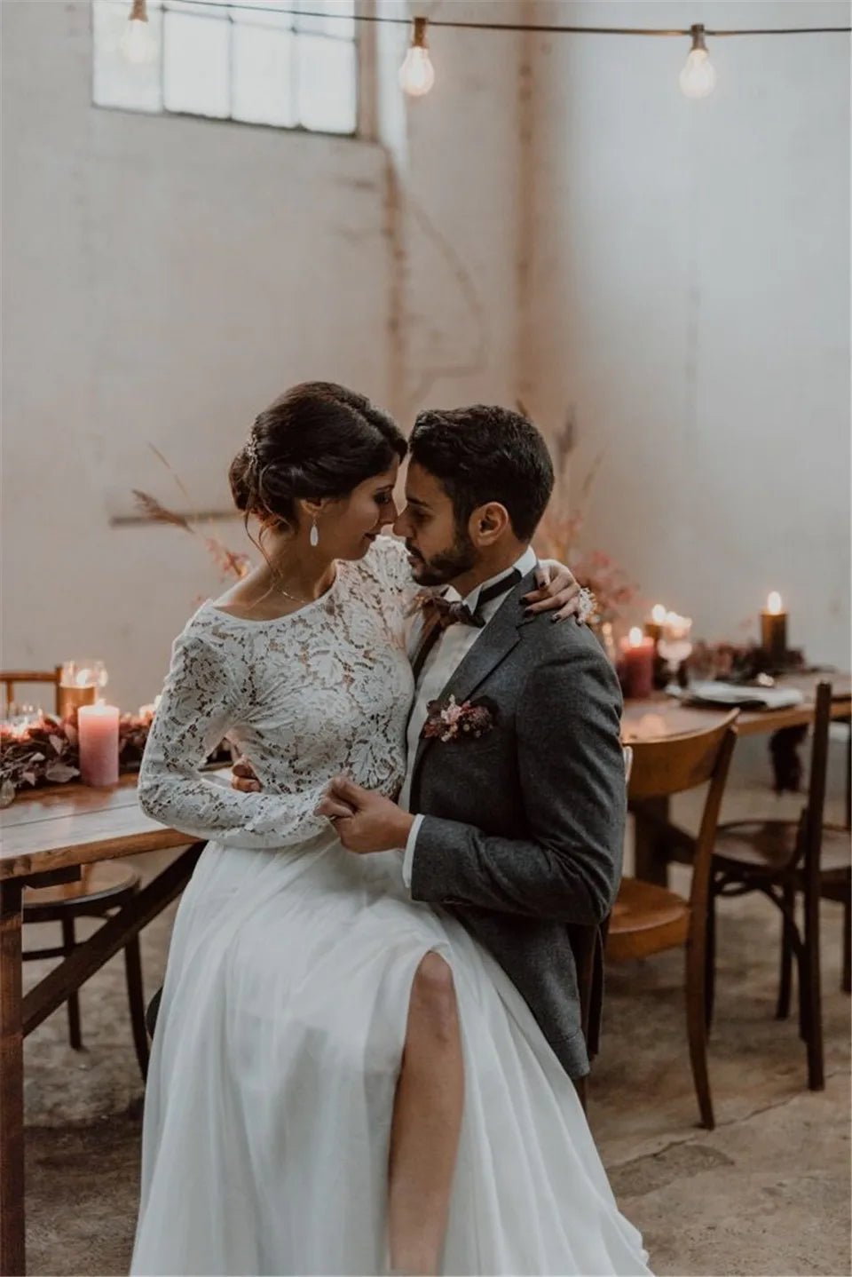 LORIE Two Pieces Wedding Dress Lace Top Chiffon Boho Bride Dress A-Line Customized Beach Wedding Dresses