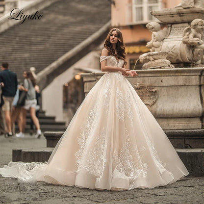 Liyuke Elegant Princess Ball Gown Wedding Dresses With Beading Appliques Lace Off Shoulder For Brides