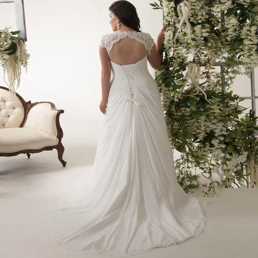 Jiayigong Plus Size Wedding Dresses Customized Cap Sleeve V-neck Chiffon Beach Dress