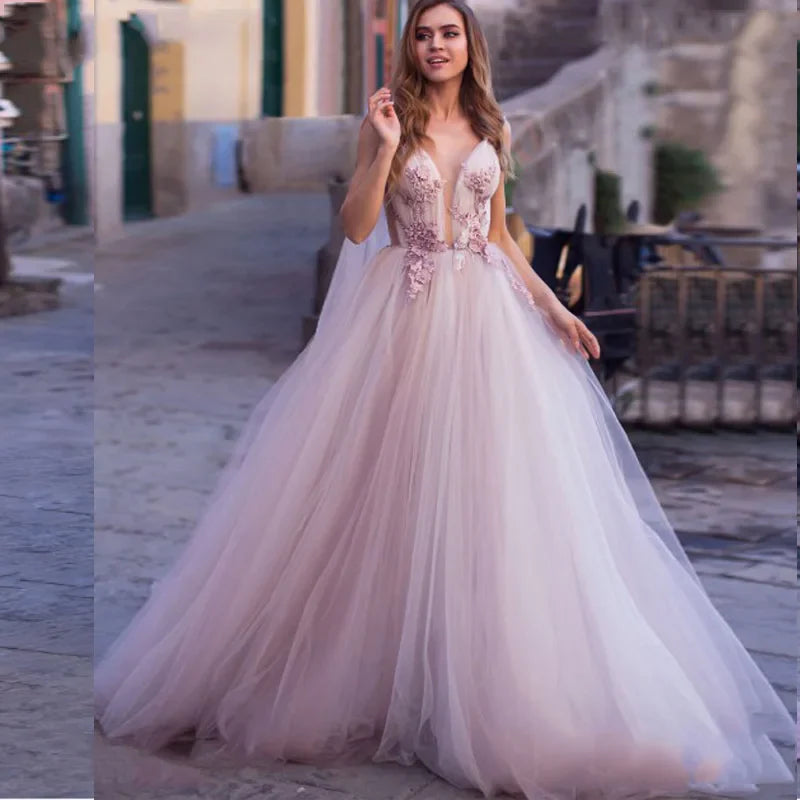 Boho Wedding Dress 3D Flowers Beach Bride Backless Tulle Gown