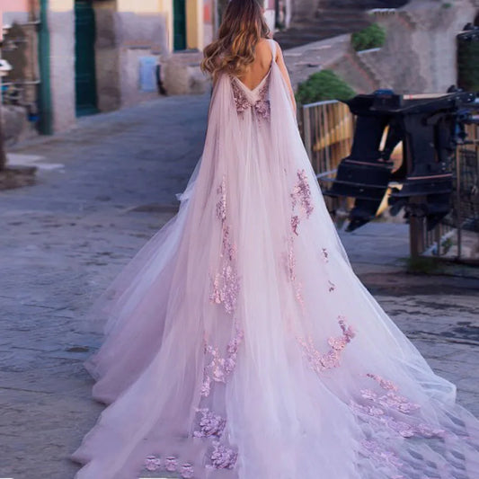 Boho Wedding Dress 3D Flowers Beach Bride Backless Tulle Gown