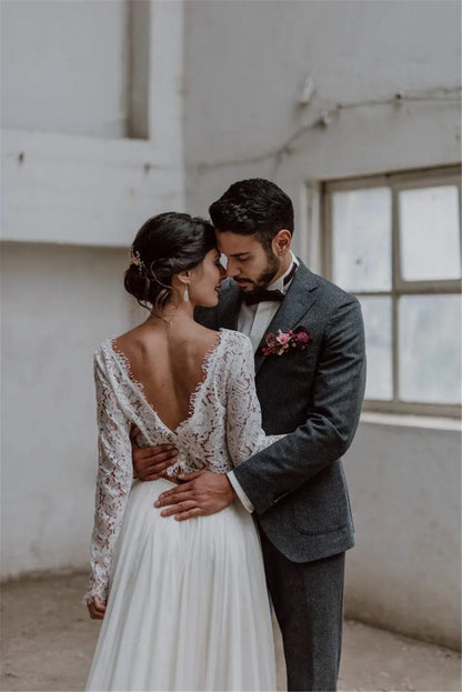 LORIE Two Pieces Wedding Dress Lace Top Chiffon Boho Bride Dress A-Line Customized Beach Wedding Dresses
