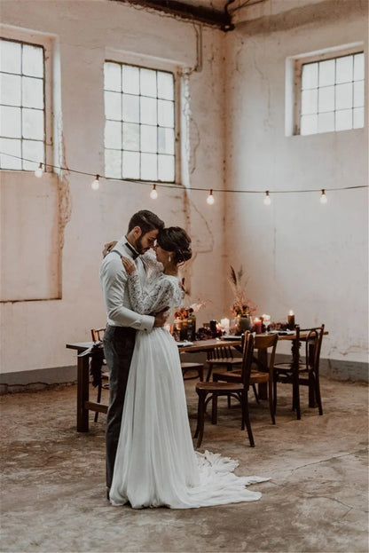 LORIE Two Pieces Wedding Dress Lace Top Chiffon Boho Bride Dress A-Line Customized Beach Wedding Dresses