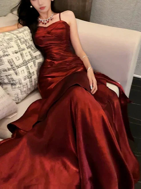 Aimishang Charming Wine Red Spaghetti Straps Long Prom Dress Elegant Party Dress Birthday Outfits Evening Dress Wholesale