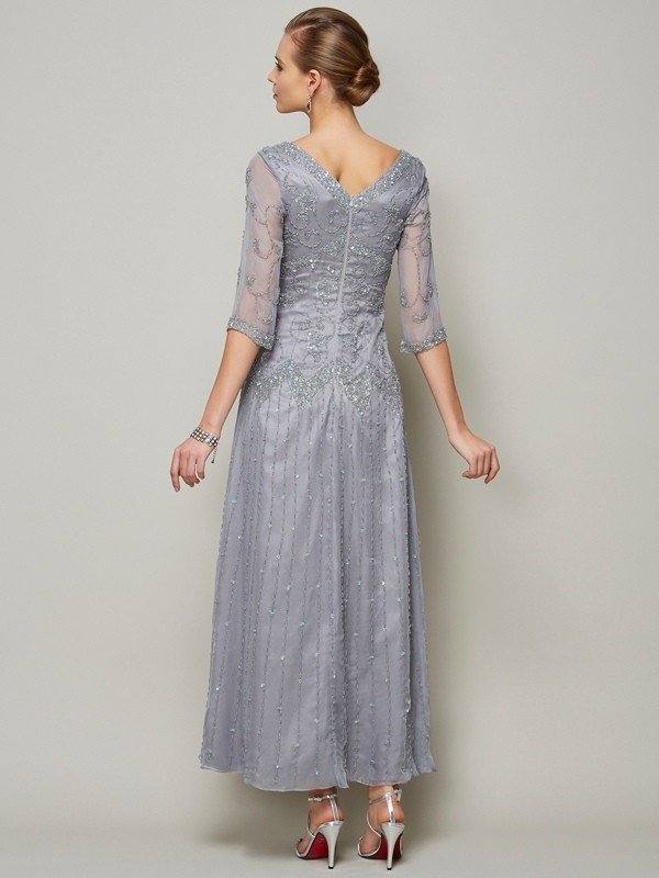 Sheath/Column V-neck 1/2 Sleeves Beading Long Elastic Woven Satin Mother of the Bride Dresses - RongMoon