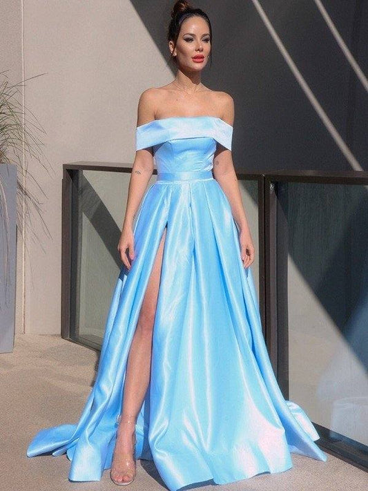 A-Line/Princess Satin Ruffles Off-the-Shoulder Sleeveless Sweep/Brush Train Dresses - RongMoon