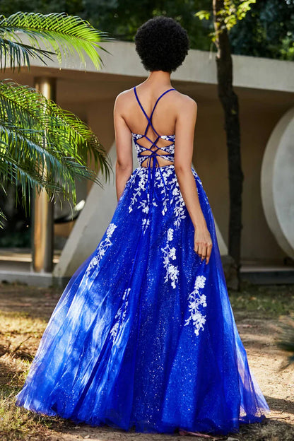 Aimishang Elegant Prom Dresses V-neck Evening Dress Applique Tulle Dress With Slit