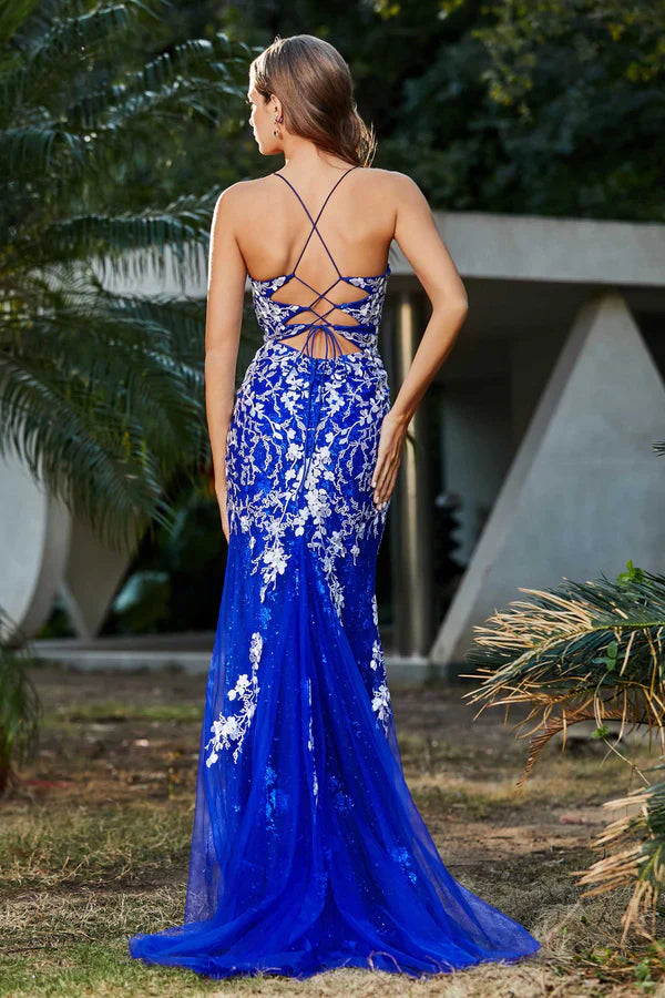 Aimishang Fashion Evening Dress Slit Spaghetti Straps Applique Tulle Dress Prom Dresses