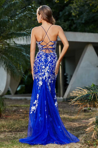 Aimishang Fashion Evening Dress Slit Spaghetti Straps Applique Tulle Dress Prom Dresses