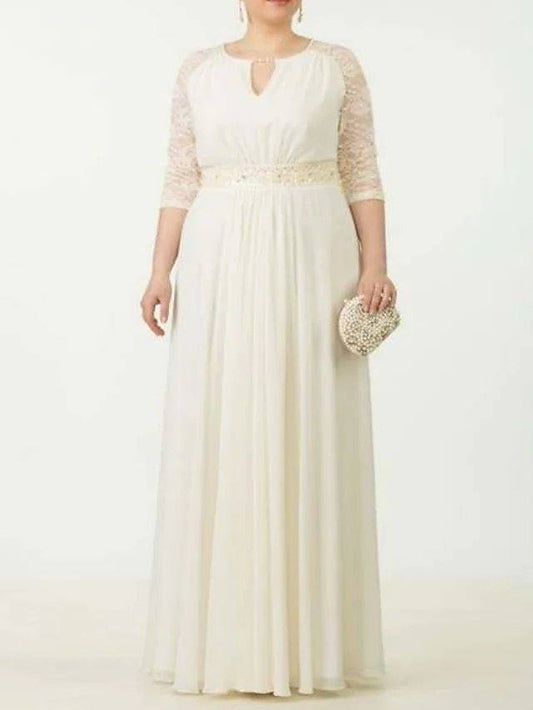 Sheath / Column Mother of the Bride Dress Plus Size Elegant V Neck Floor Length Chiffon Lace 3/4 Length Sleeve with Ruffles Appliques - RongMoon