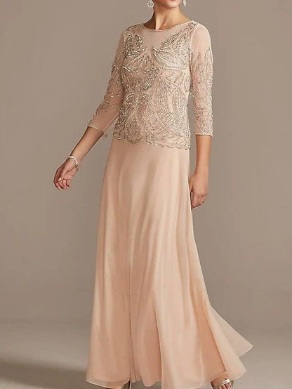Sheath / Column Mother of the Bride Dress Elegant Jewel Neck Floor Length Chiffon Half Sleeve with Pleats Beading - RongMoon