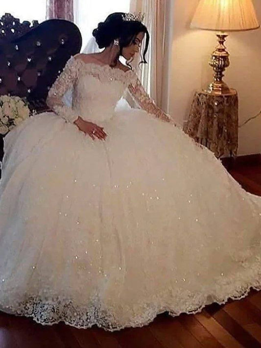 Princess Ball Gown Wedding Dresses Off Shoulder Floor Length Lace Tulle Long Sleeve Formal Romantic Luxurious Sparkle & Shine with Sequin Appliques - RongMoon