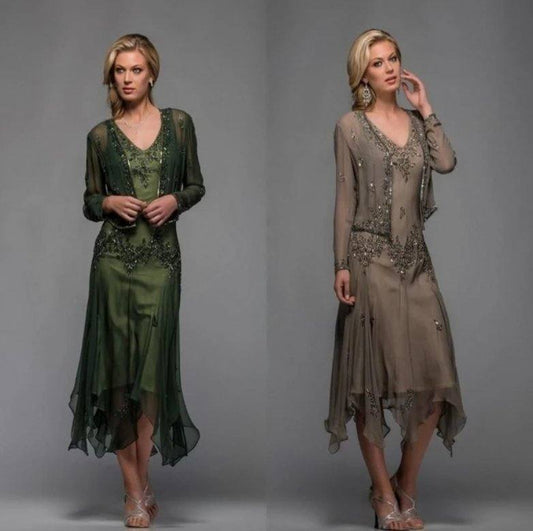 Green Mother Of The Bride Dresses A-line Chiffon Lace Beaded With Jaceket Wedding Party Dress Mother Dress For Wedding - RongMoon