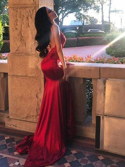 Sheath/Column Sleeveless Spaghetti Straps Sweep/Brush Train Applique Silk like Satin Dresses - RongMoon