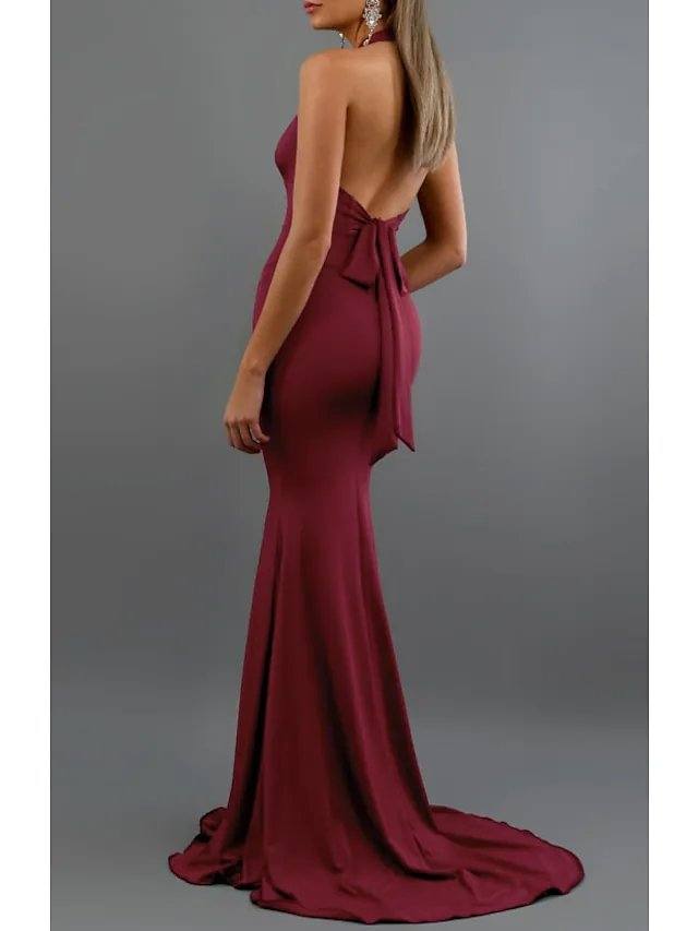 Mermaid / Trumpet Beautiful Back Sexy Wedding Guest Formal Evening Dress Halter Neck Sleeveless Sweep / Brush Train Spandex with Bow(s) - RongMoon