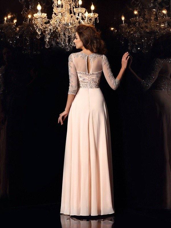 A-Line/Princess Scoop Beading 3/4 Sleeves Long Chiffon Dresses - RongMoon