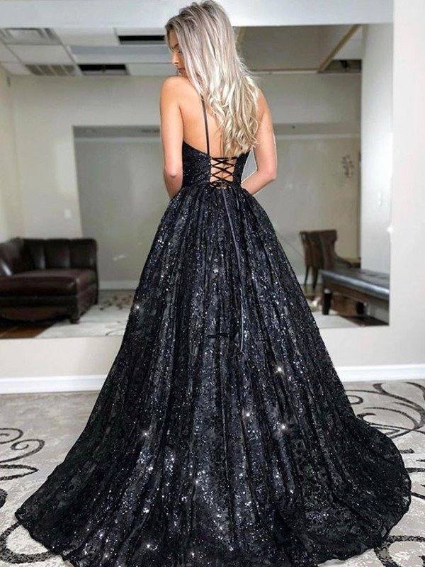 A-Line/Princess Sweep/Brush Train V-neck Sequin Sleeveless Sequins Dresses - RongMoon