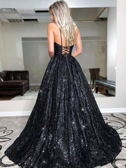 A-Line/Princess Sweep/Brush Train V-neck Sequin Sleeveless Sequins Dresses - RongMoon