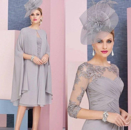 With Jacket Mother Of The Bride Dresses Sheath Knee Length Chiffon Appliques Plus Size Short Groom Mother Dresses For Wedding - RongMoon
