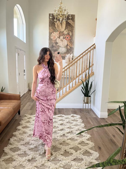 Elegant Pink Halter Satin Print Floral Long Evening Dress Party Gown cc2897