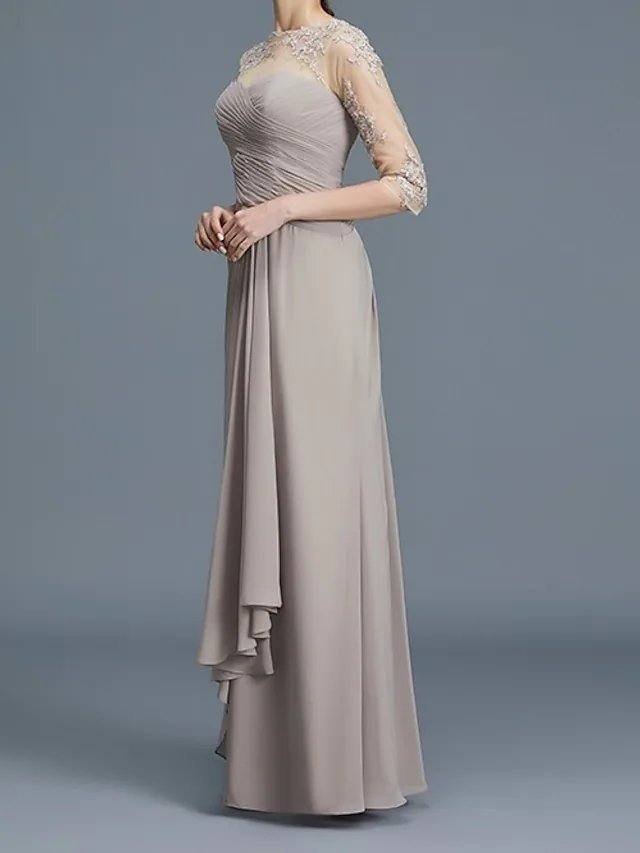 A-Line Mother of the Bride Dress Elegant Illusion Neck Floor Length Chiffon Lace 3/4 Length Sleeve with Lace Appliques Ruching - RongMoon