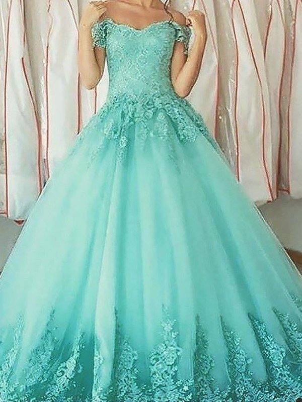 Ball Gown Sleeveless Off-the-Shoulder Applique Floor-Length Tulle Dresses - RongMoon