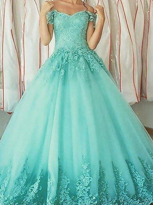 Ball Gown Sleeveless Off-the-Shoulder Applique Floor-Length Tulle Dresses - RongMoon