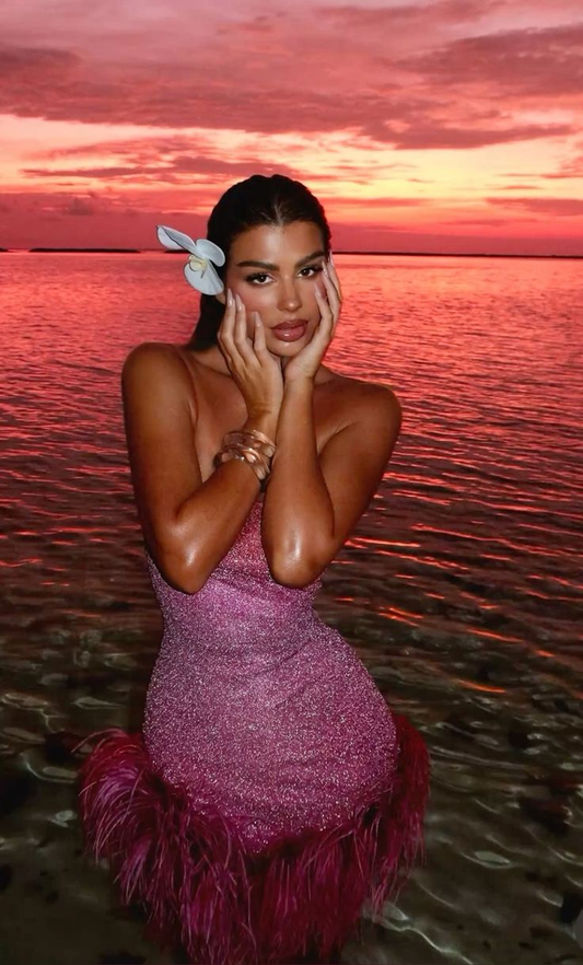 Pink Satin Sequins Bodycon Homecoming Dress Mini Prom Dress With Feathers cc2797
