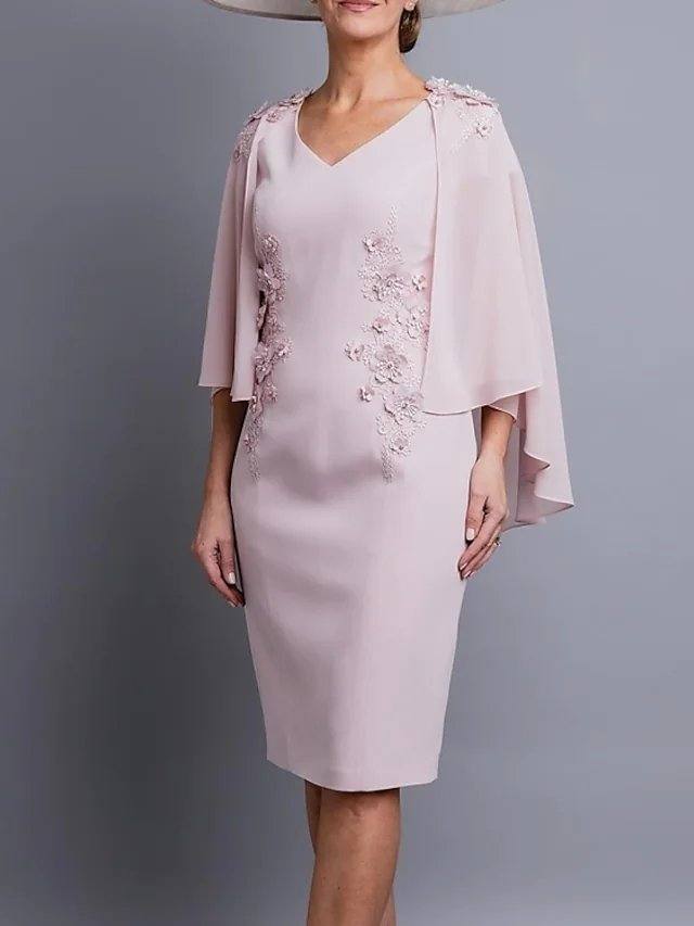 Sheath / Column Mother of the Bride Dress Elegant V Neck Knee Length Chiffon 3/4 Length Sleeve with Appliques - RongMoon