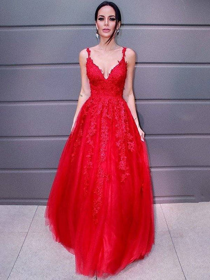 A-Line/Princess Tulle V-neck Floor-Length Applique Sleeveless Dresses - RongMoon