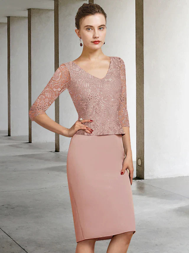 Mother of the Bride Dress Elegant Jewel Neck Knee Length Lace Stretch Fabric Half Sleeve with Appliques