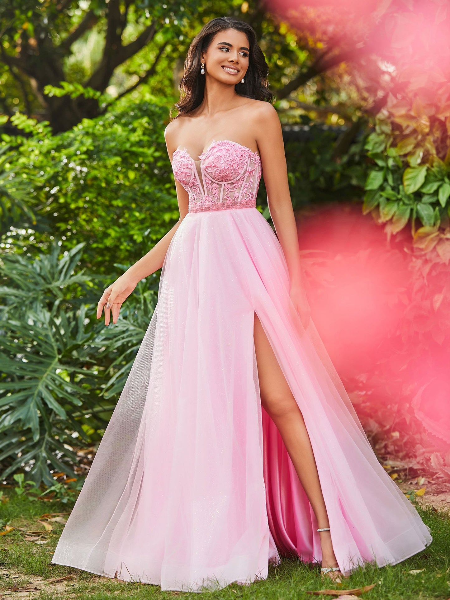 A-Line Strapless Sheer Boned Bodice Tulle Dress with Slit Candy Pink