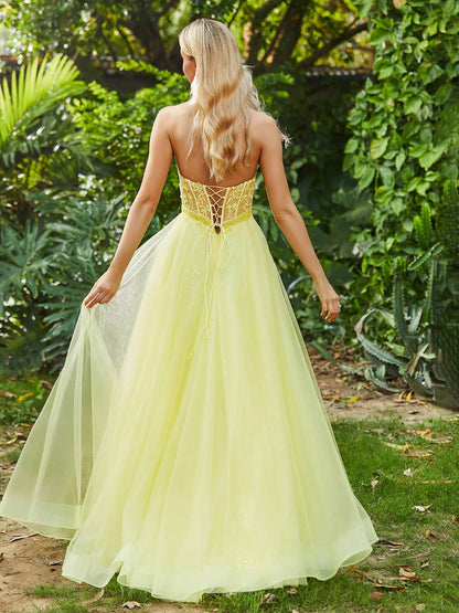 A-Line Strapless Sheer Boned Bodice Tulle Dress with Slit Daffodil