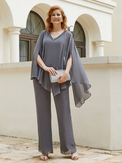 Elegant Chiffon Pant Suit with Beaded Accents Steel Grey