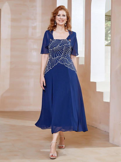 Square Neckline Beaded Chiffon A-line Dress Navy Blue