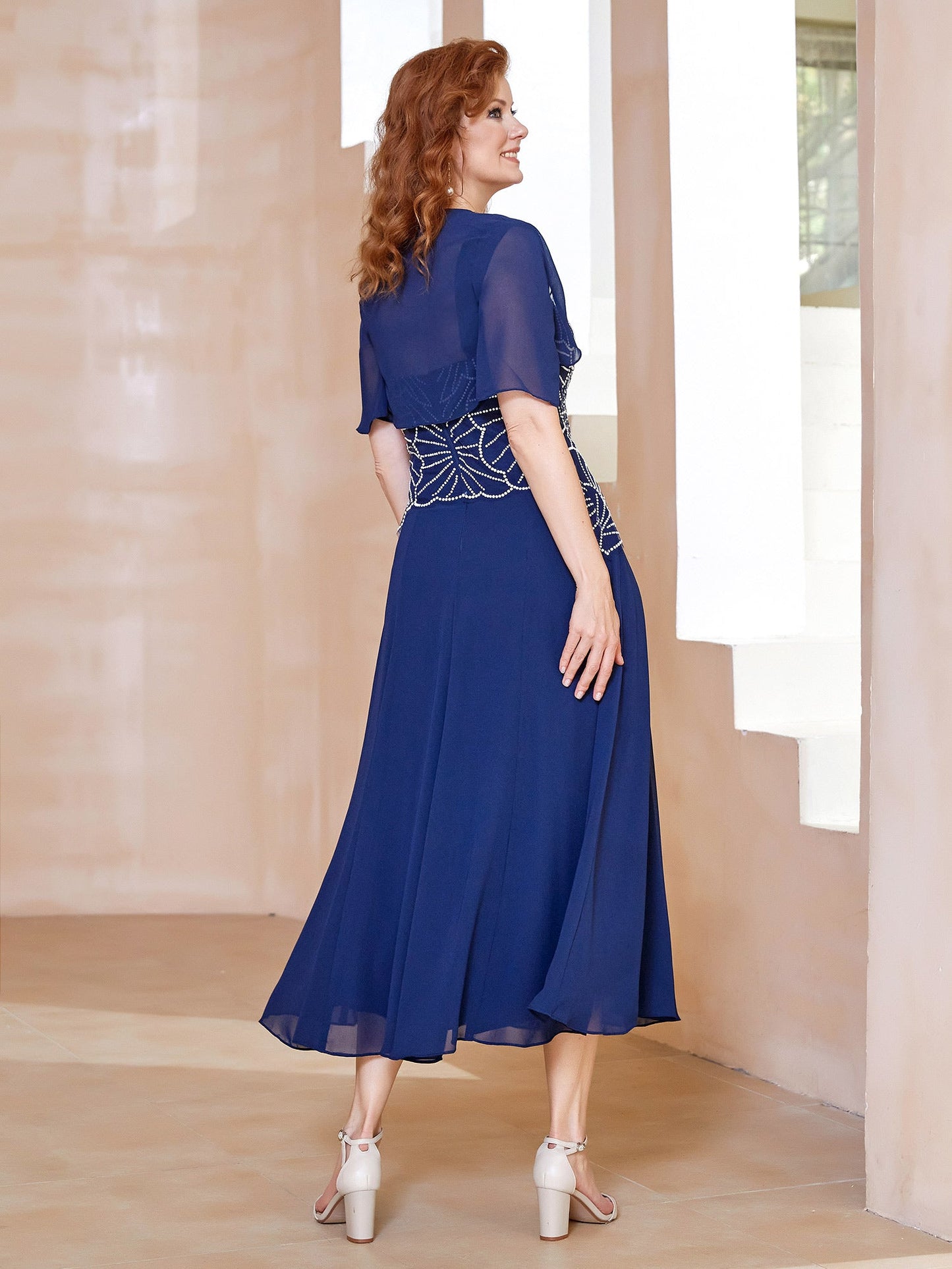 Square Neckline Beaded Chiffon A-line Dress Navy Blue